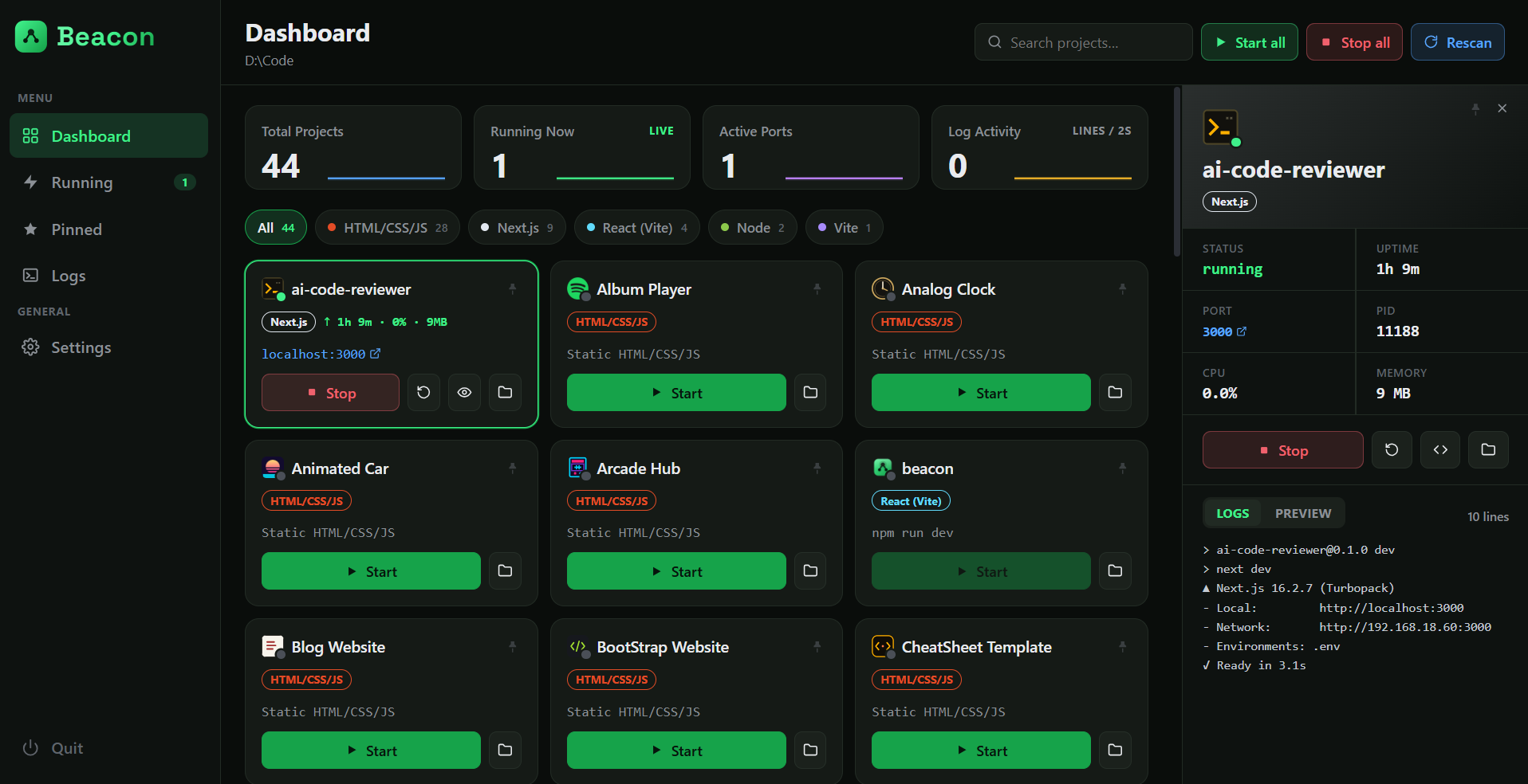 Beacon dashboard showing a grid of project cards, live stats, and a project detail panel with streaming logs